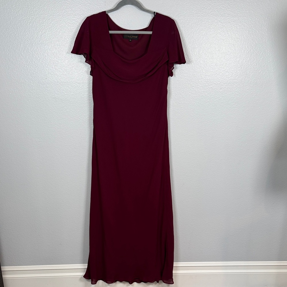 Donna Ricco Burgundy Maxi Dress with Draped Cowl Neck Flutter Sleeve Size 16